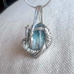 Sterling Silver wrapped aqua tourmaline crystal pendant